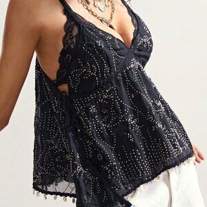 Black Party Women's Beaded Sequin Spaghetti Strap Crop Top